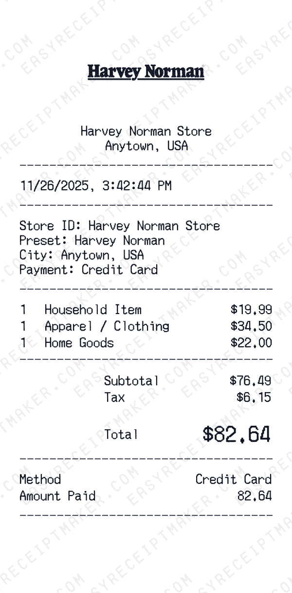 Harvey Norman receipt preview