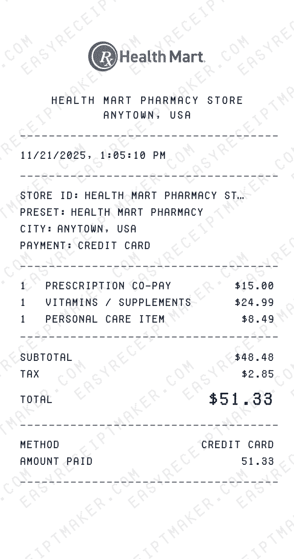 Health Mart Pharmacy receipt preview
