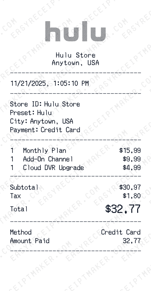 Hulu receipt preview