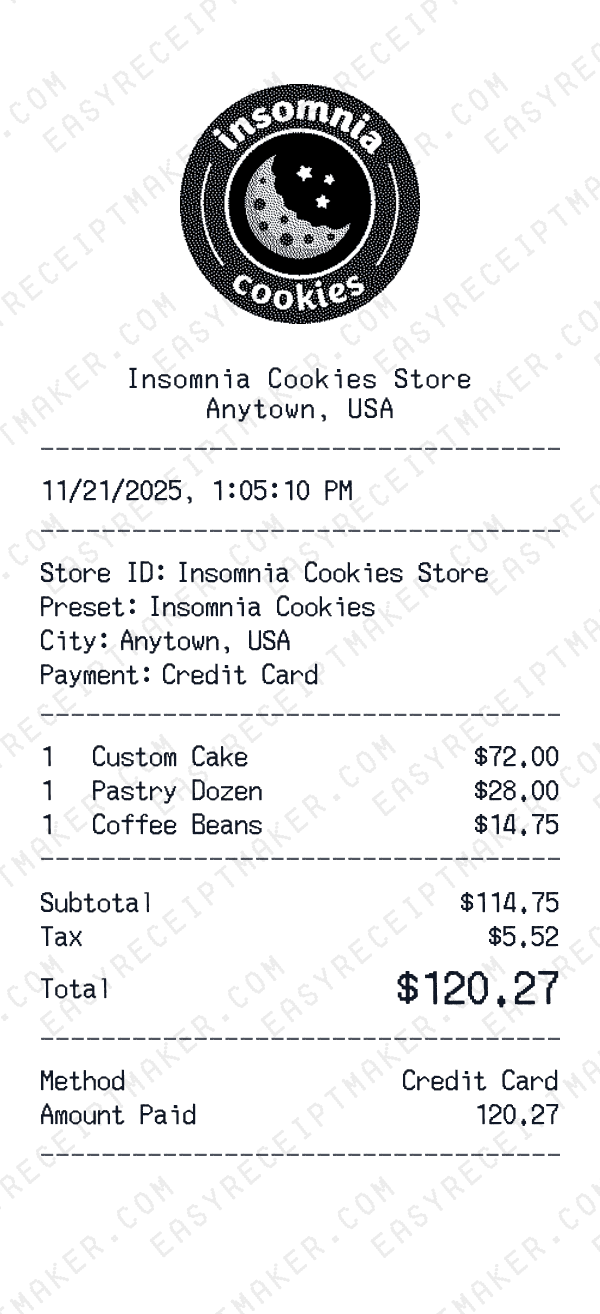Insomnia Cookies receipt preview