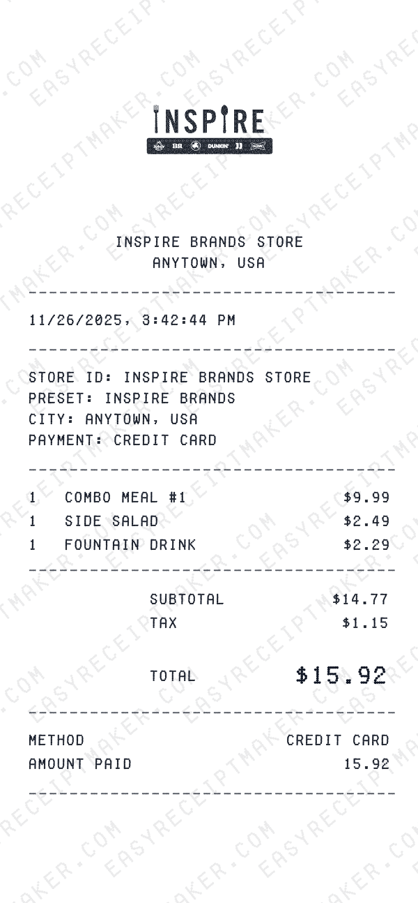 Inspire Brands receipt preview