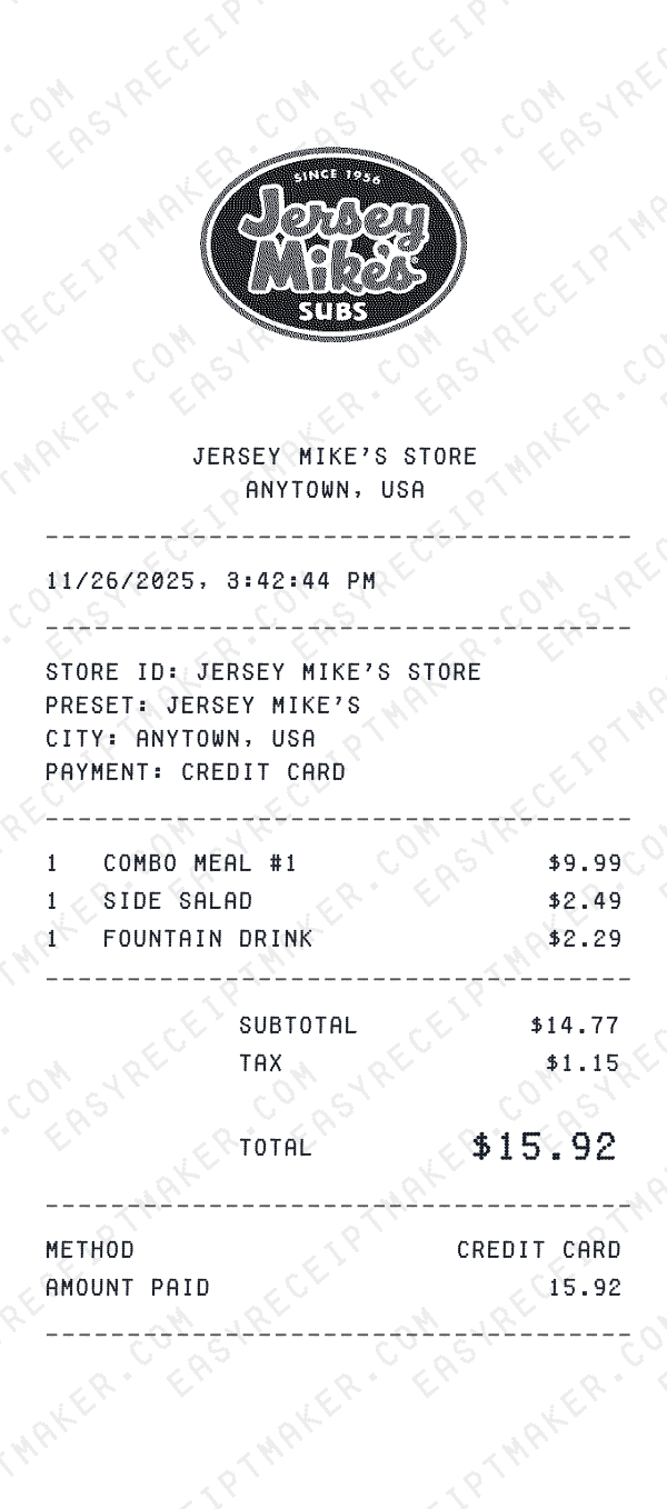 Jersey Mike's receipt preview