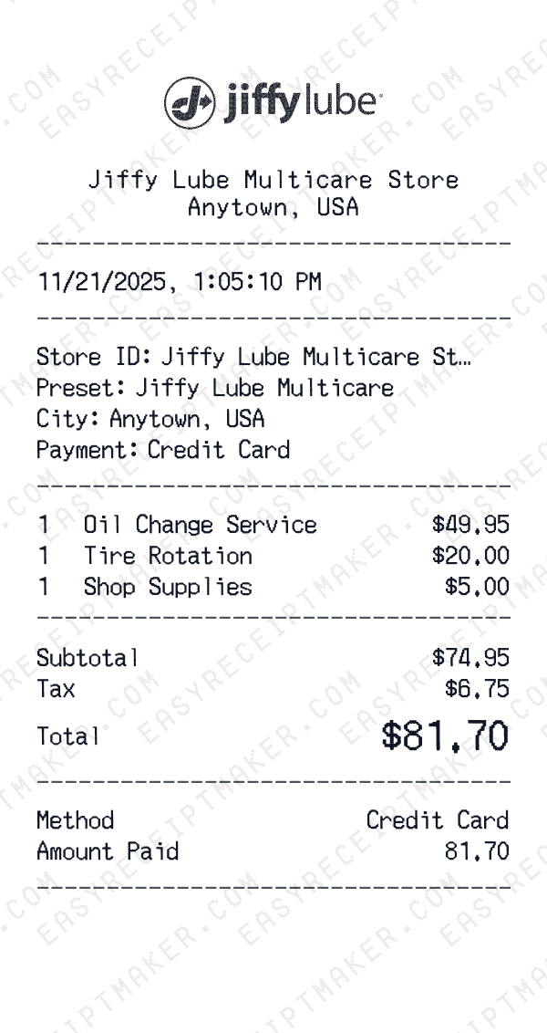 Jiffy Lube Multicare receipt preview