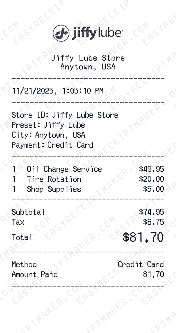 Jiffy Lube receipt preview