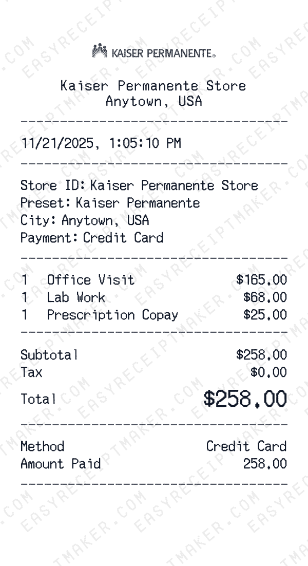 Kaiser Permanente receipt preview