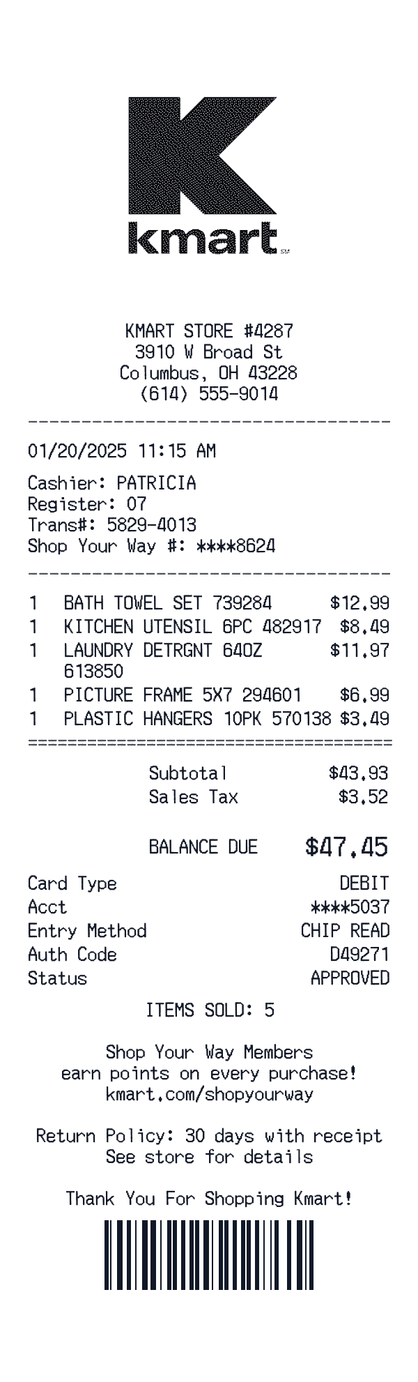 Kmart Receipt Template Kmart receipt template example - retail receipt with itemized details, prices, and payment information