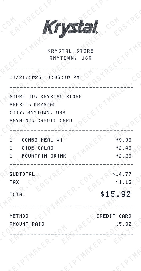 Krystal receipt preview
