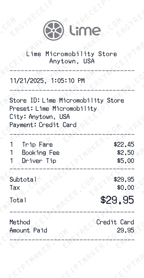 Lime Micromobility receipt preview