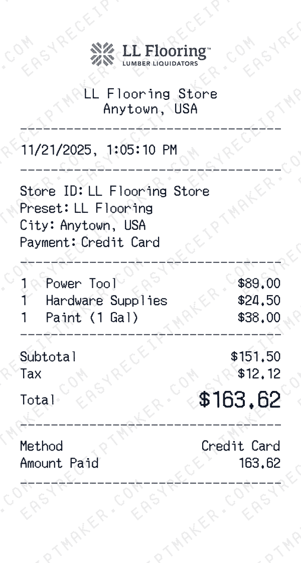 LL Flooring receipt preview