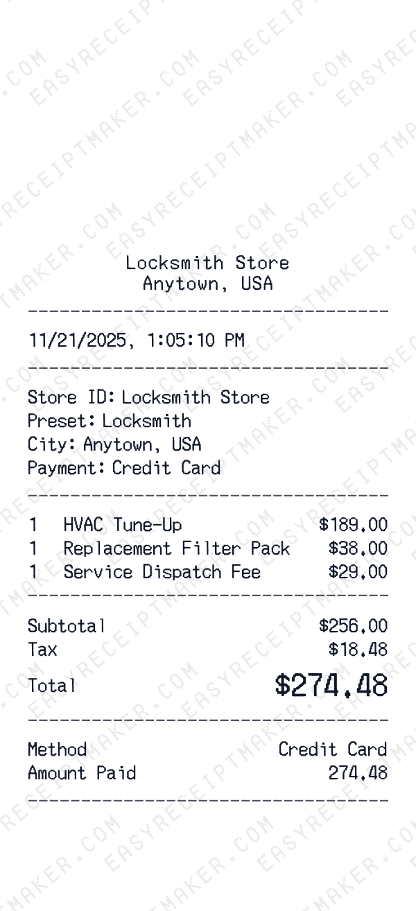 Locksmith receipt preview