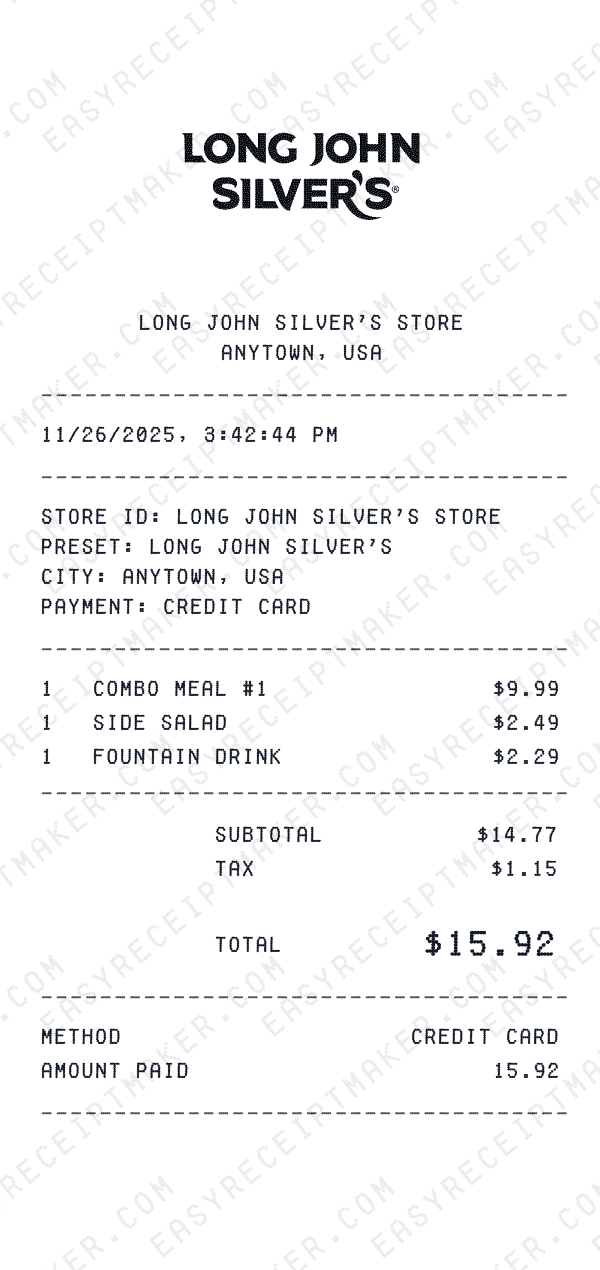Long John Silver's receipt preview