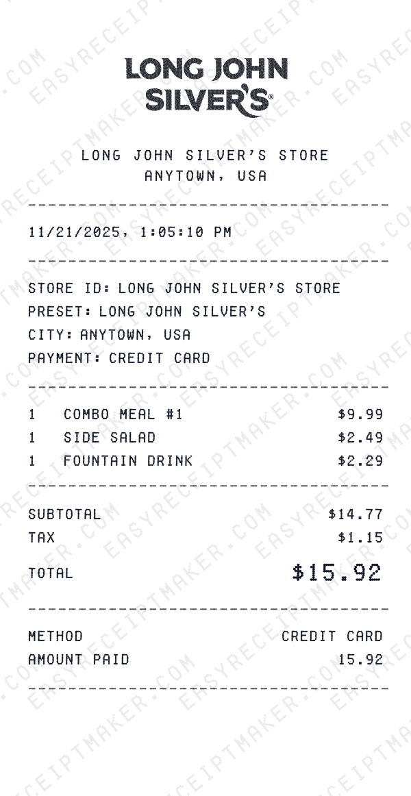 Long John Silver's receipt preview