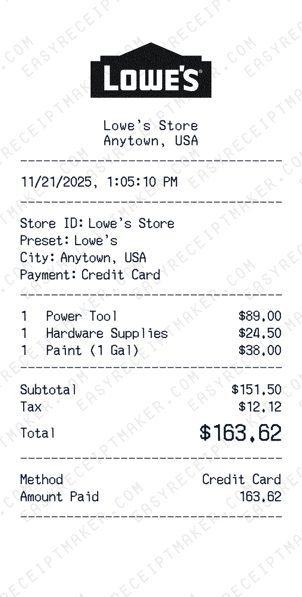 Lowe's receipt preview