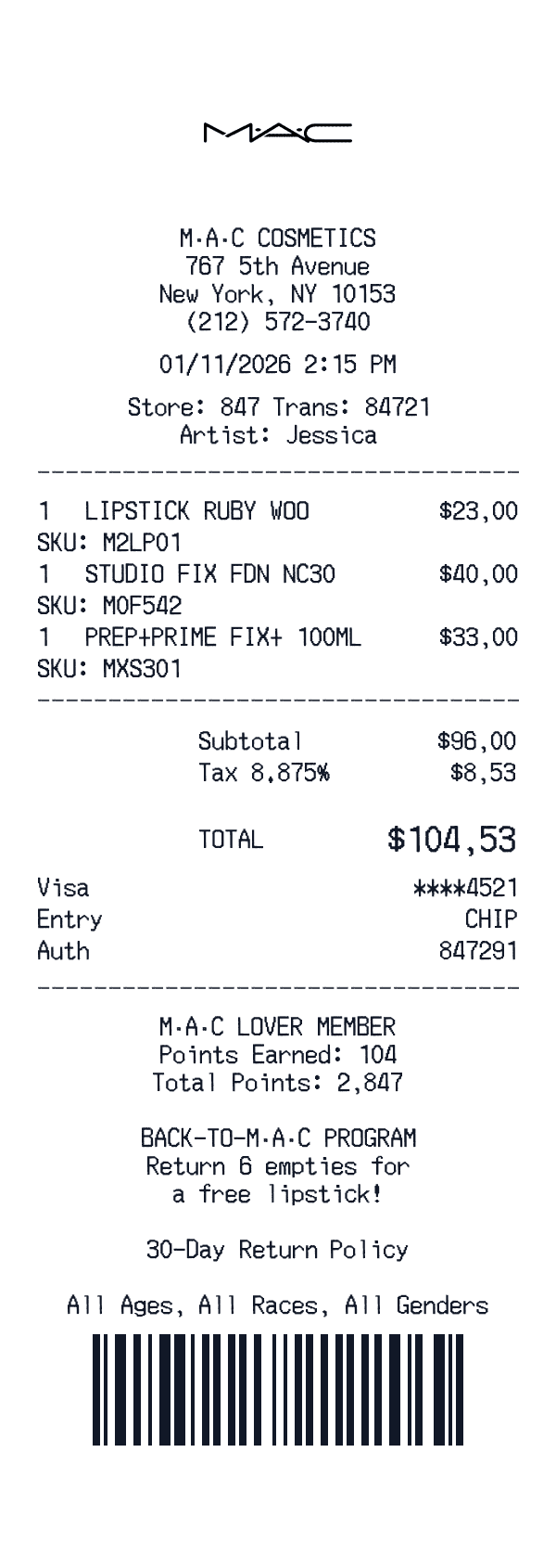 MAC Cosmetics receipt preview