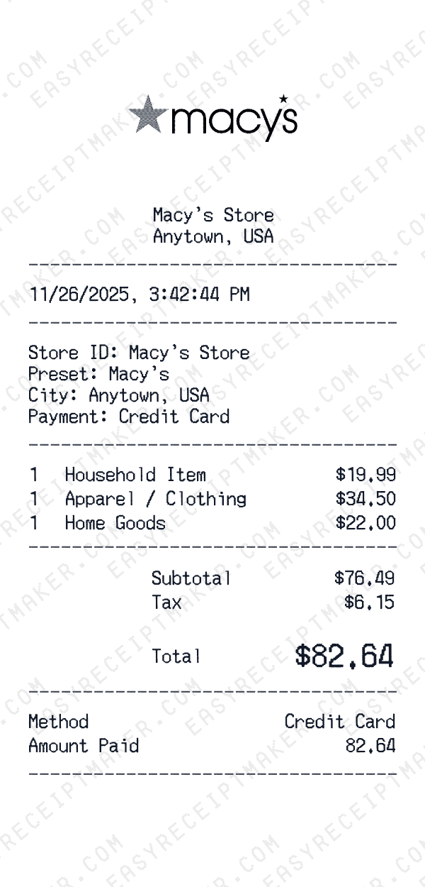 Macy's receipt preview