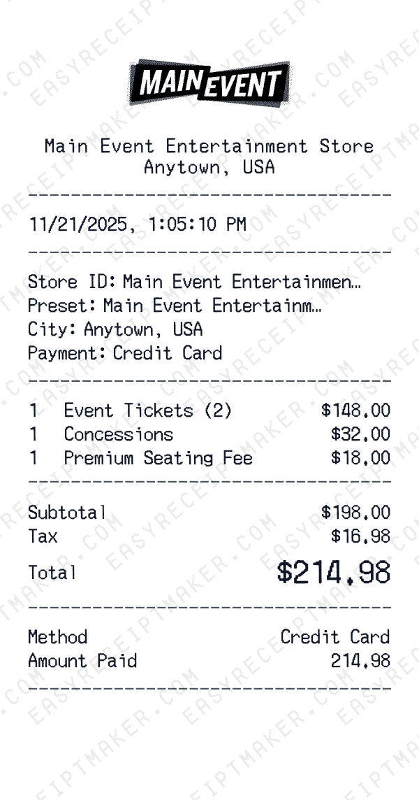 Main Event Entertainment receipt preview