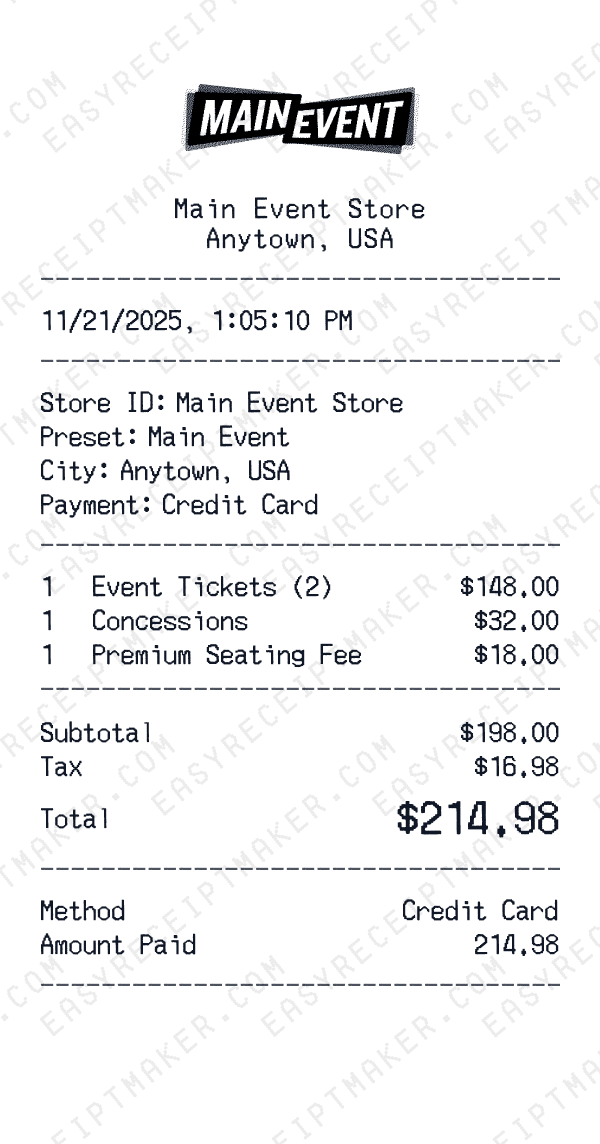 Main Event receipt preview