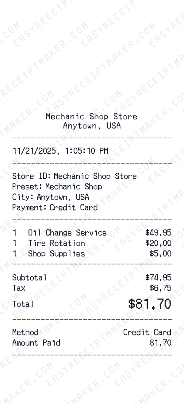 Mechanic Shop receipt preview