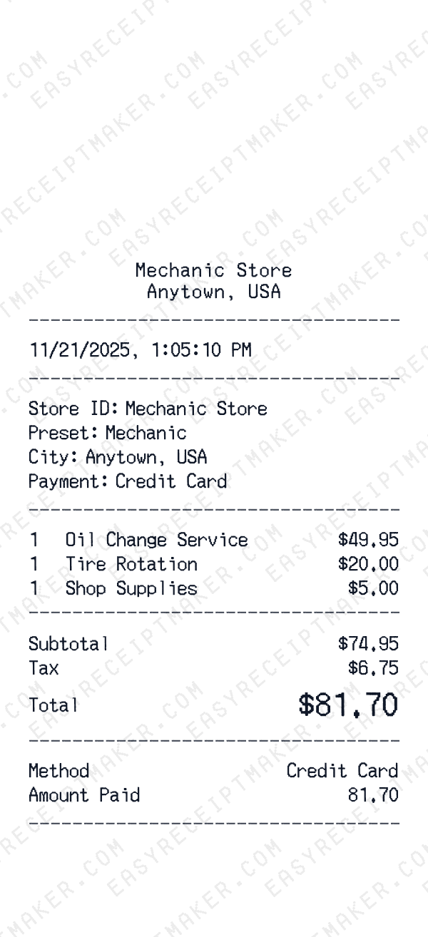 Mechanic receipt preview