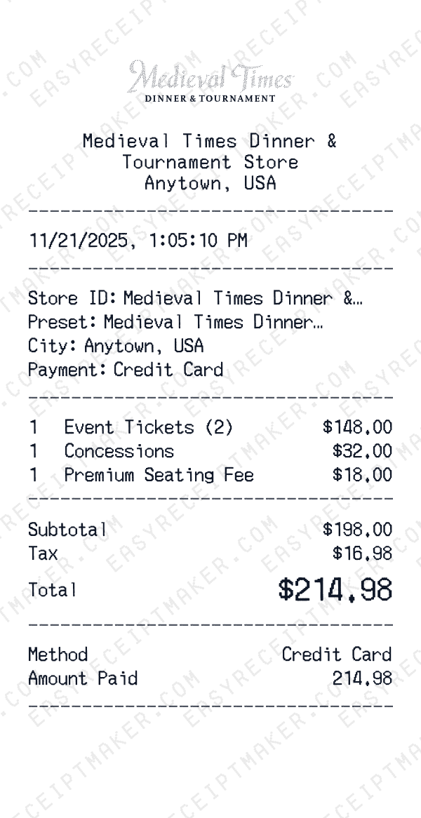 Medieval Times Dinner & Tournament receipt preview