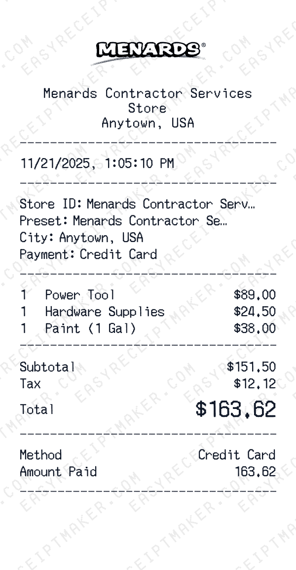 Menards Contractor Services receipt preview