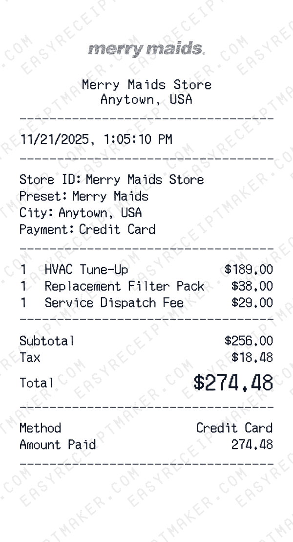 Merry Maids receipt preview