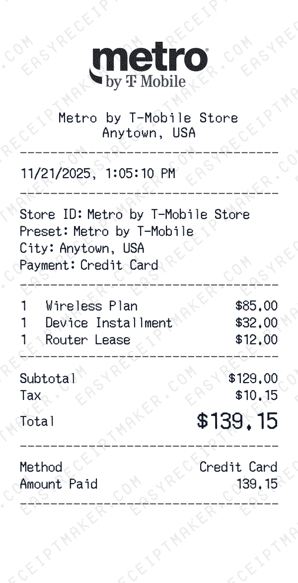 Metro by T-Mobile receipt preview