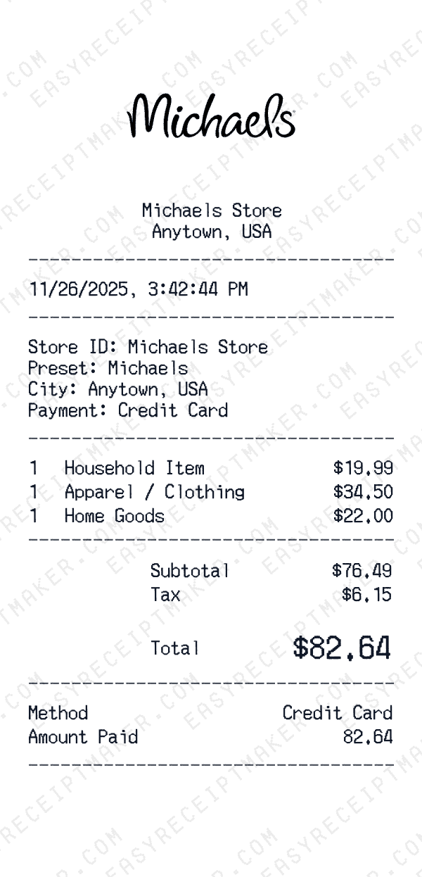 Michaels receipt preview