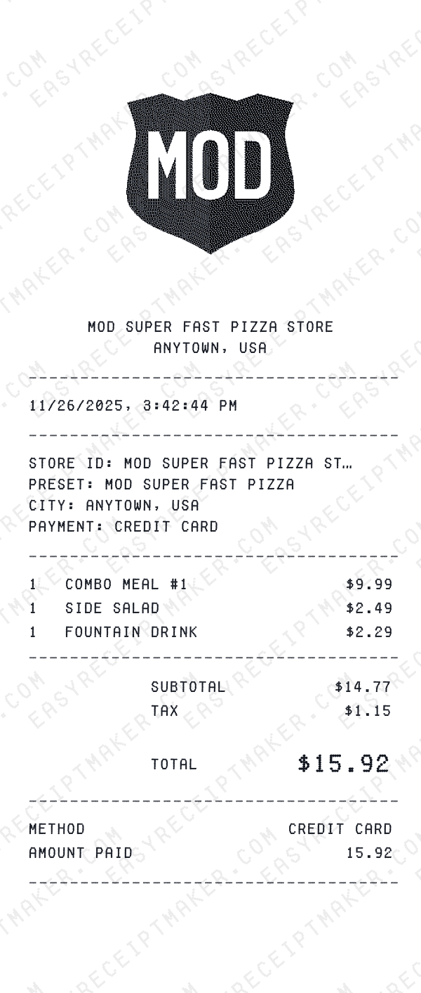 MOD Super Fast Pizza receipt preview