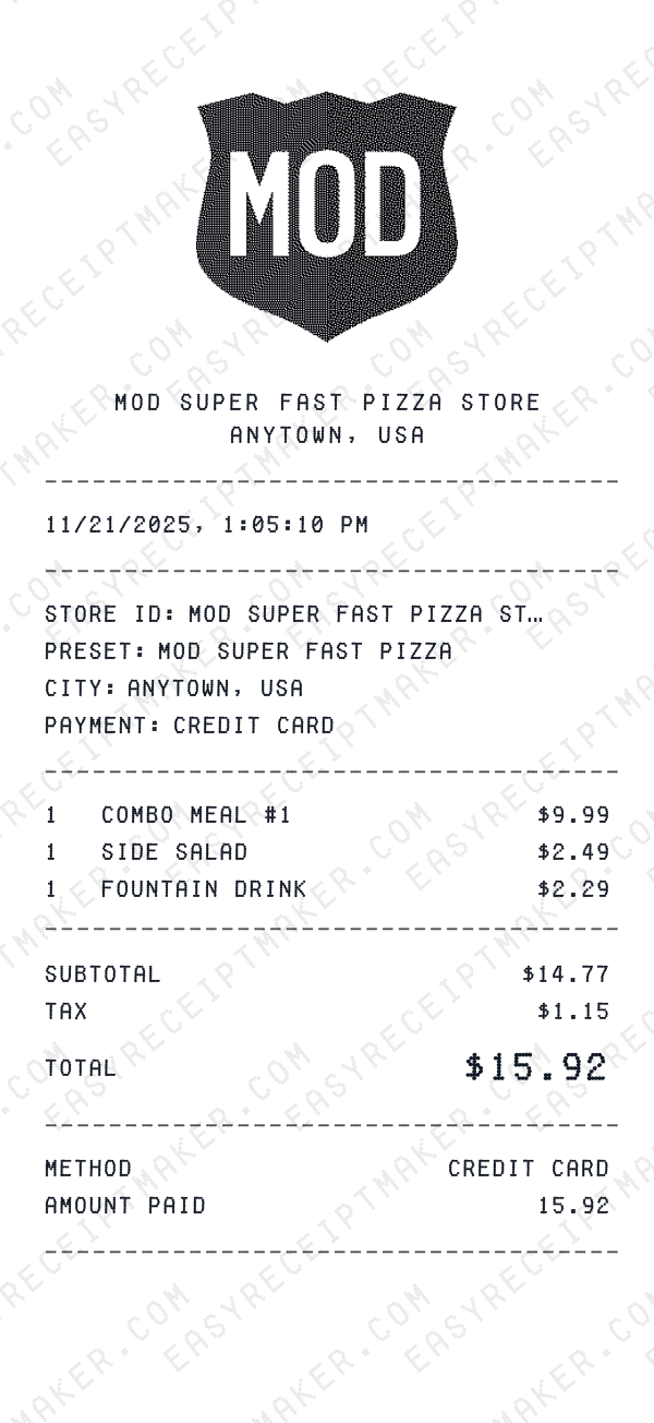 MOD Super Fast Pizza receipt preview