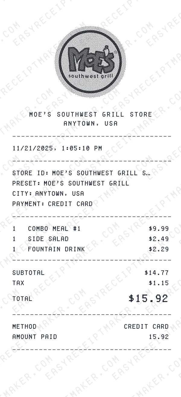 Moe's Southwest Grill receipt preview