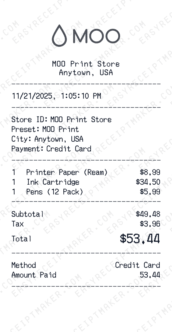 MOO Print receipt preview