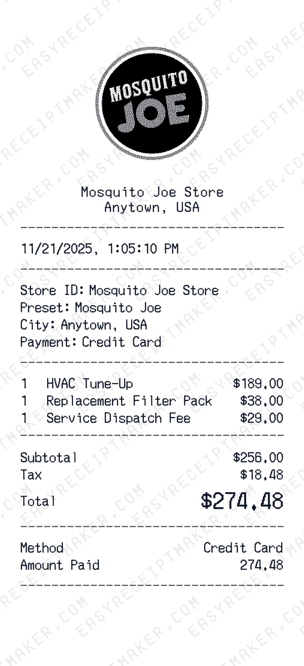 Mosquito Joe receipt preview