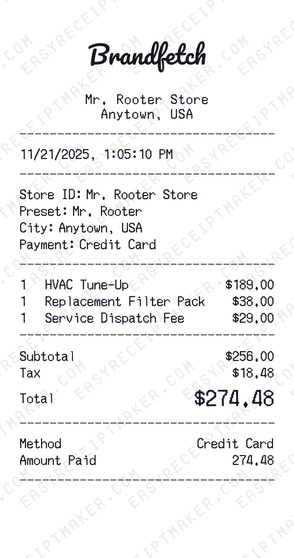 Mr. Rooter receipt preview