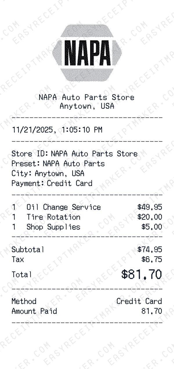 NAPA Auto Parts receipt preview