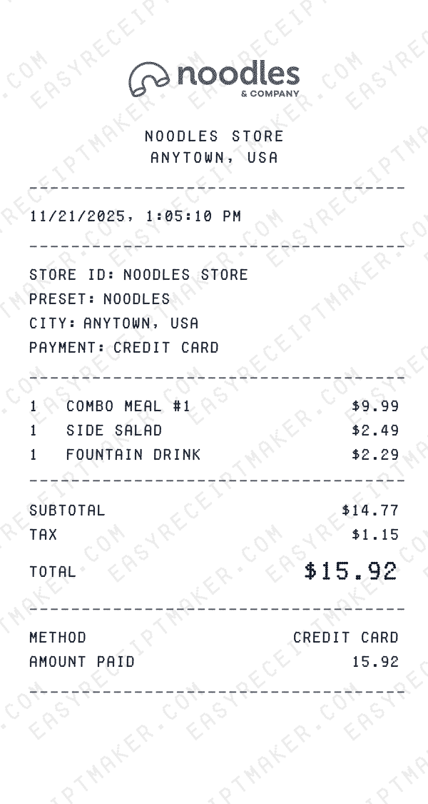Noodles receipt preview