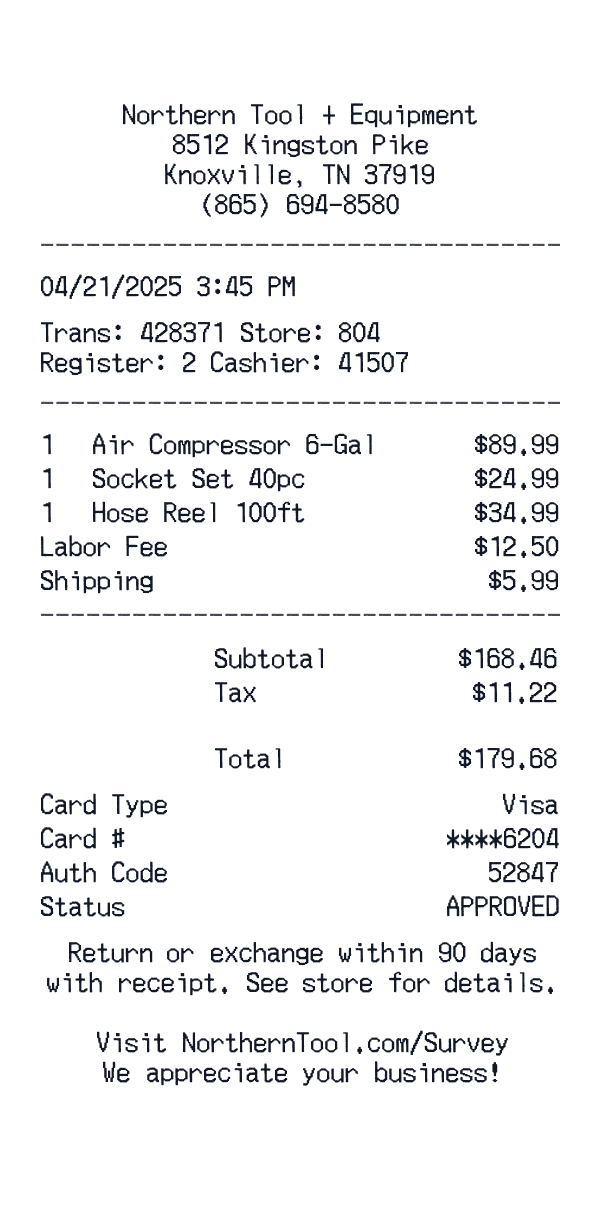 Northern Tool + Equipment Receipt Template Northern Tool + Equipment receipt template example - home improvement receipt with itemized details, prices, and payment information
