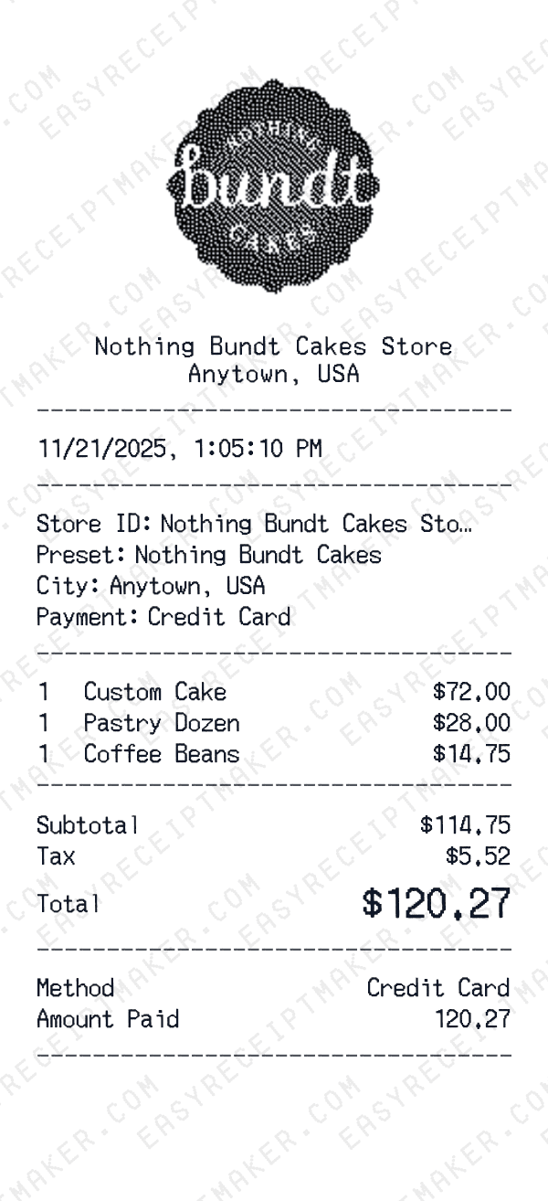 Nothing Bundt Cakes receipt preview