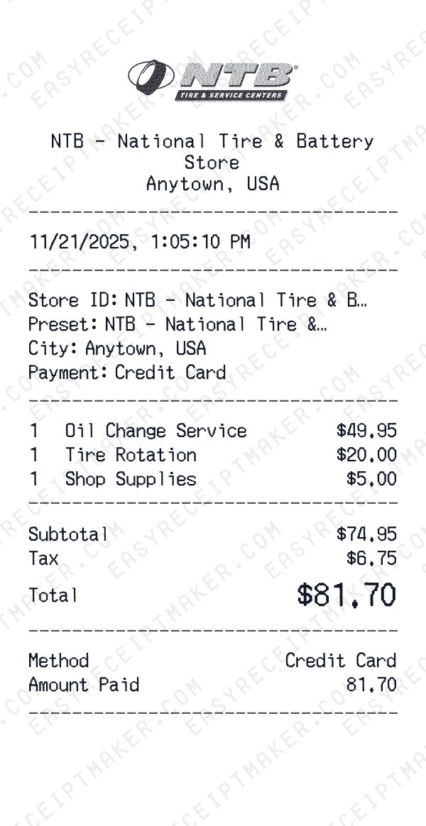 NTB - National Tire & Battery receipt preview