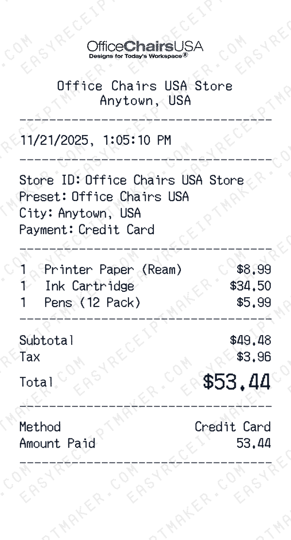Office Chairs USA receipt preview