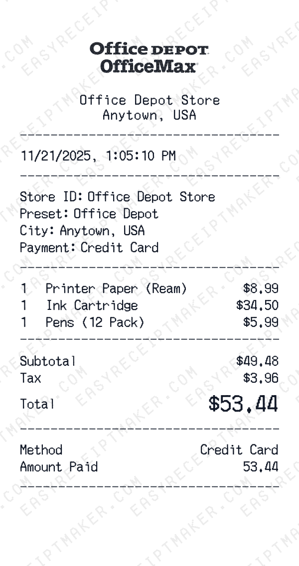 Office Depot receipt preview