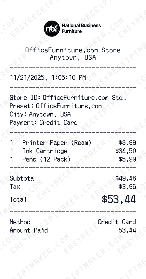 OfficeFurniture.com receipt preview