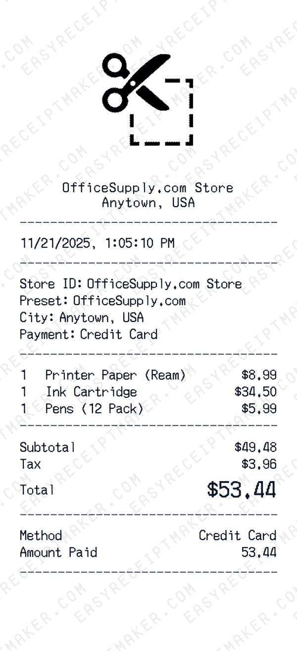 OfficeSupply.com receipt preview