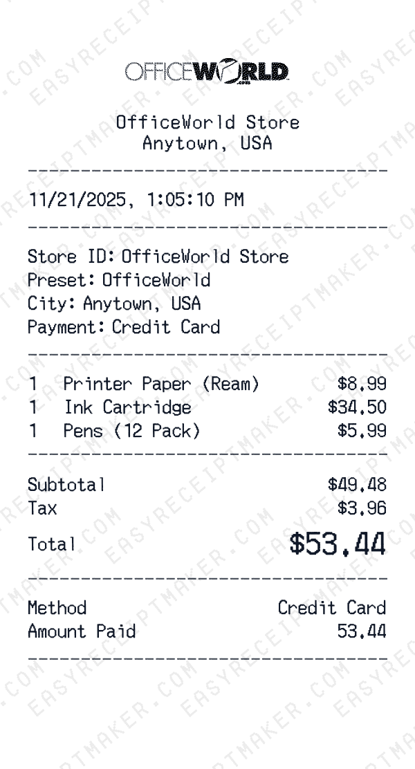 OfficeWorld receipt preview