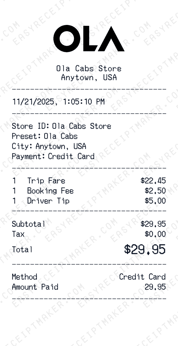 Ola Cabs receipt preview