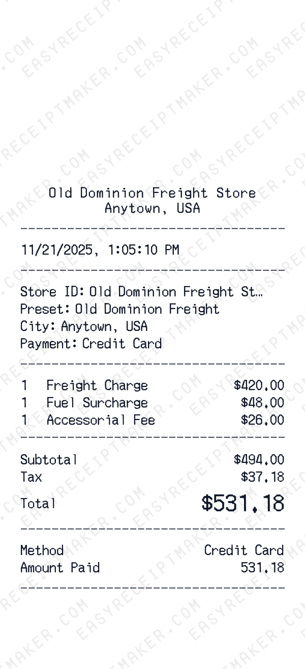 Old Dominion Freight receipt preview