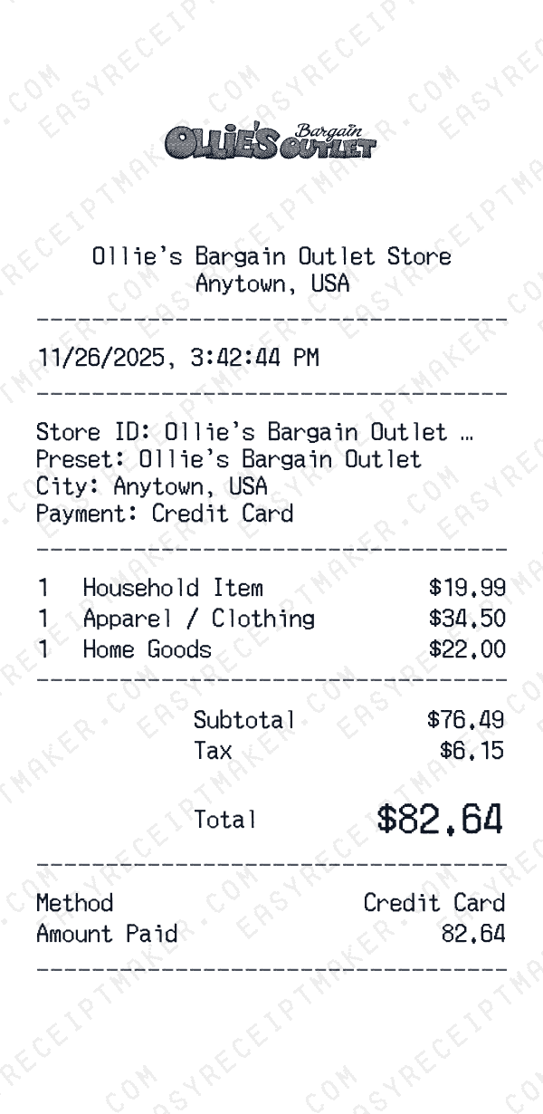 Ollie's Bargain Outlet receipt preview