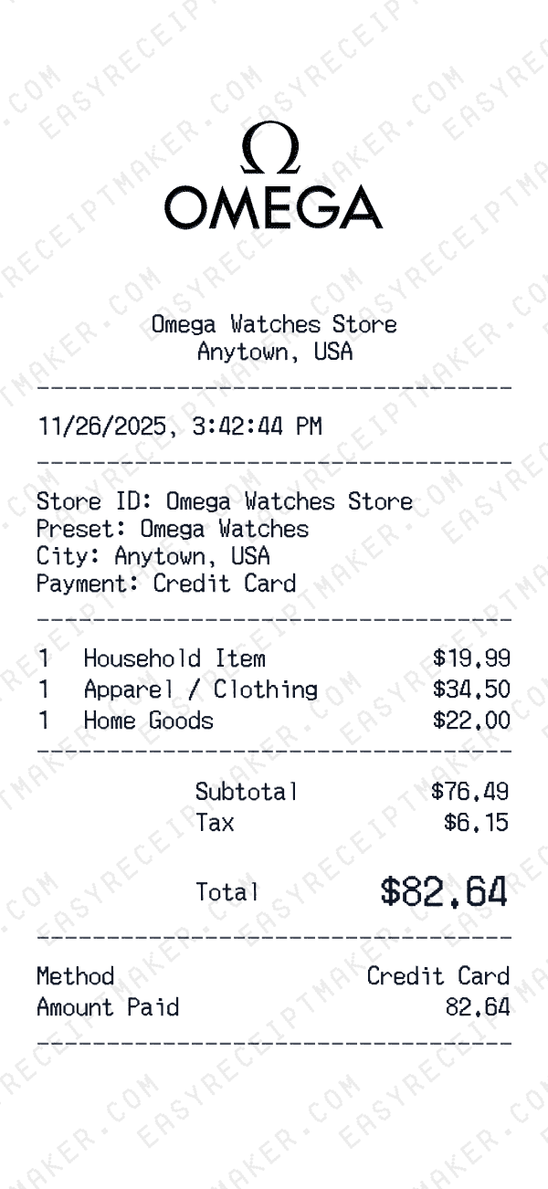 Omega Watches receipt preview