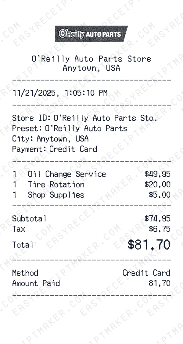 O'Reilly Auto Parts receipt preview
