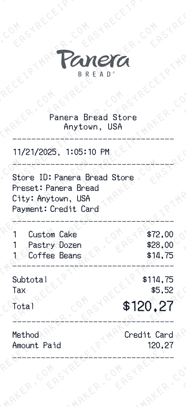 Panera Bread receipt preview